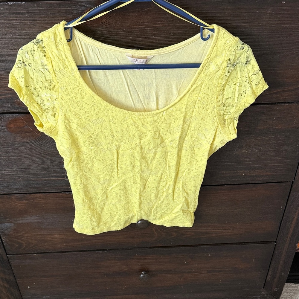 Guess Yellow Lace Short Sleeve Top